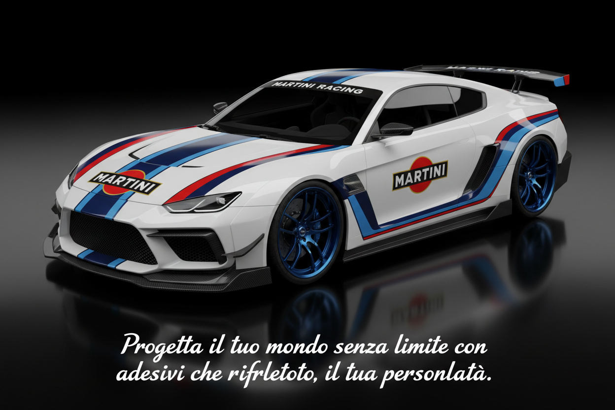 generar una imagen tuning del martini racing con fondo negro imagen centrada y abajo las siguientes letras en blancas: Progetta il tuo mondo senza limite con adesivi che riflettono la tua personalità.